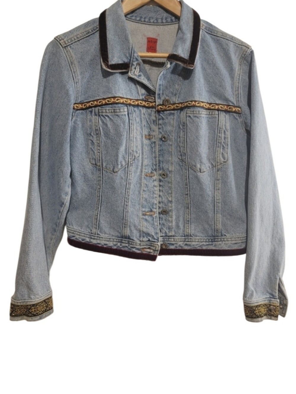 ABS Allen Schwartz Vintage Velvet Embroidered Paisley Trim Boho Denim Jacket